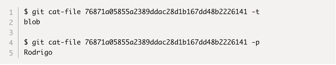 Inspecting the new commit object — the parent field holds the previous commit's hash